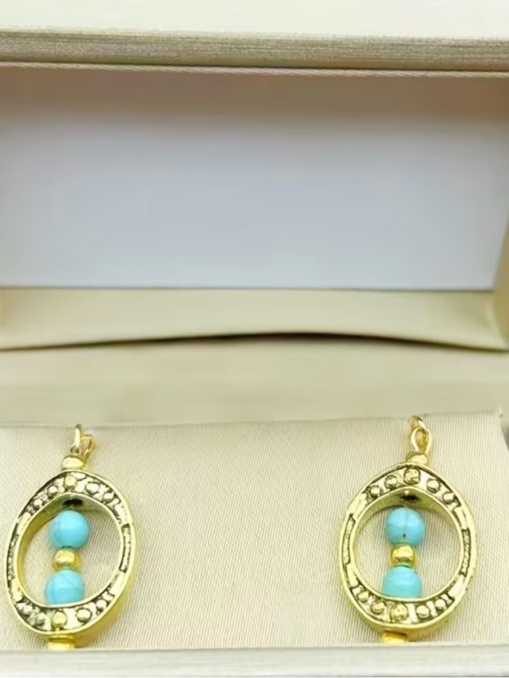 Gold Oval Turquoise Drop Earrings - Women Jewelry